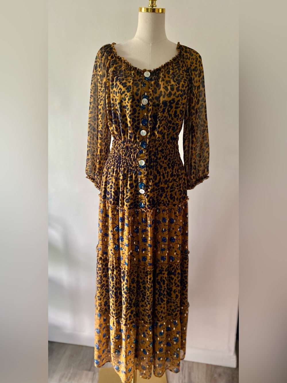 Figueroa & Flower Leopard & Floral Tiered Semi-Sheer Boho Maxi Dress Woman's 1X